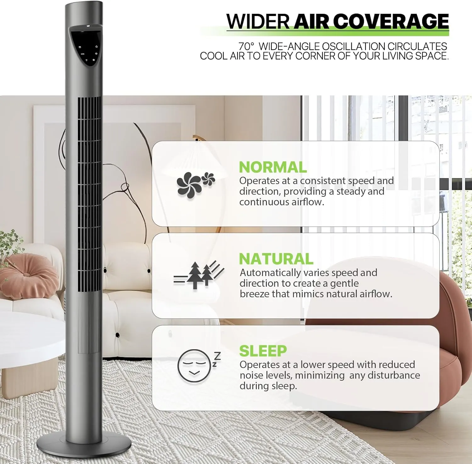 Magshion 47" Bladeless Tower Fan for Bedroom, Quiet 20dB Cooling Fan with Remote & Touch Screen, 3 Modes & 3 Speeds, 39ft/s Airflow, 70 Oscillating Standing Fan with Timer (Gray)