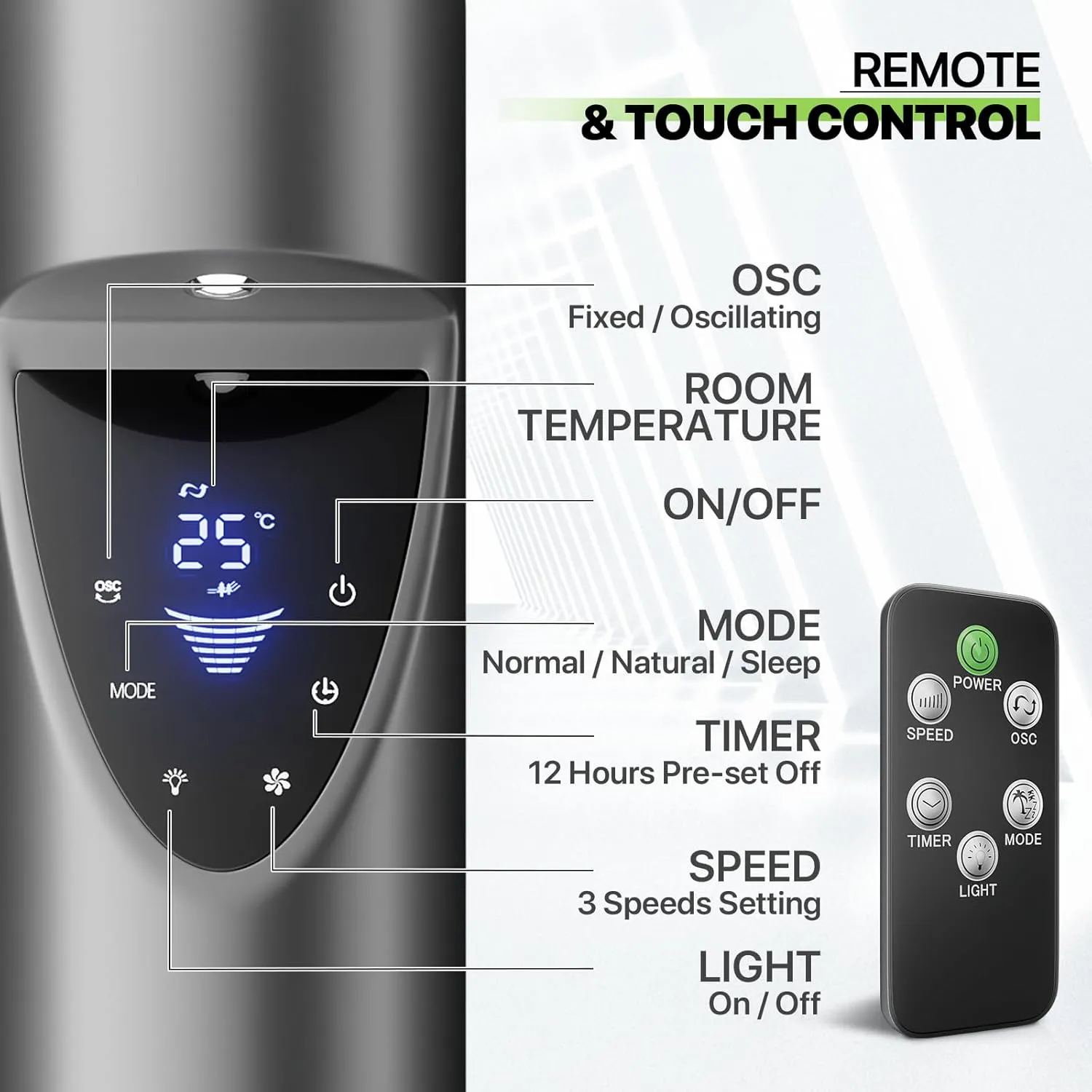 Magshion 47" Bladeless Tower Fan for Bedroom, Quiet 20dB Cooling Fan with Remote & Touch Screen, 3 Modes & 3 Speeds, 39ft/s Airflow, 70 Oscillating Standing Fan with Timer (Gray)