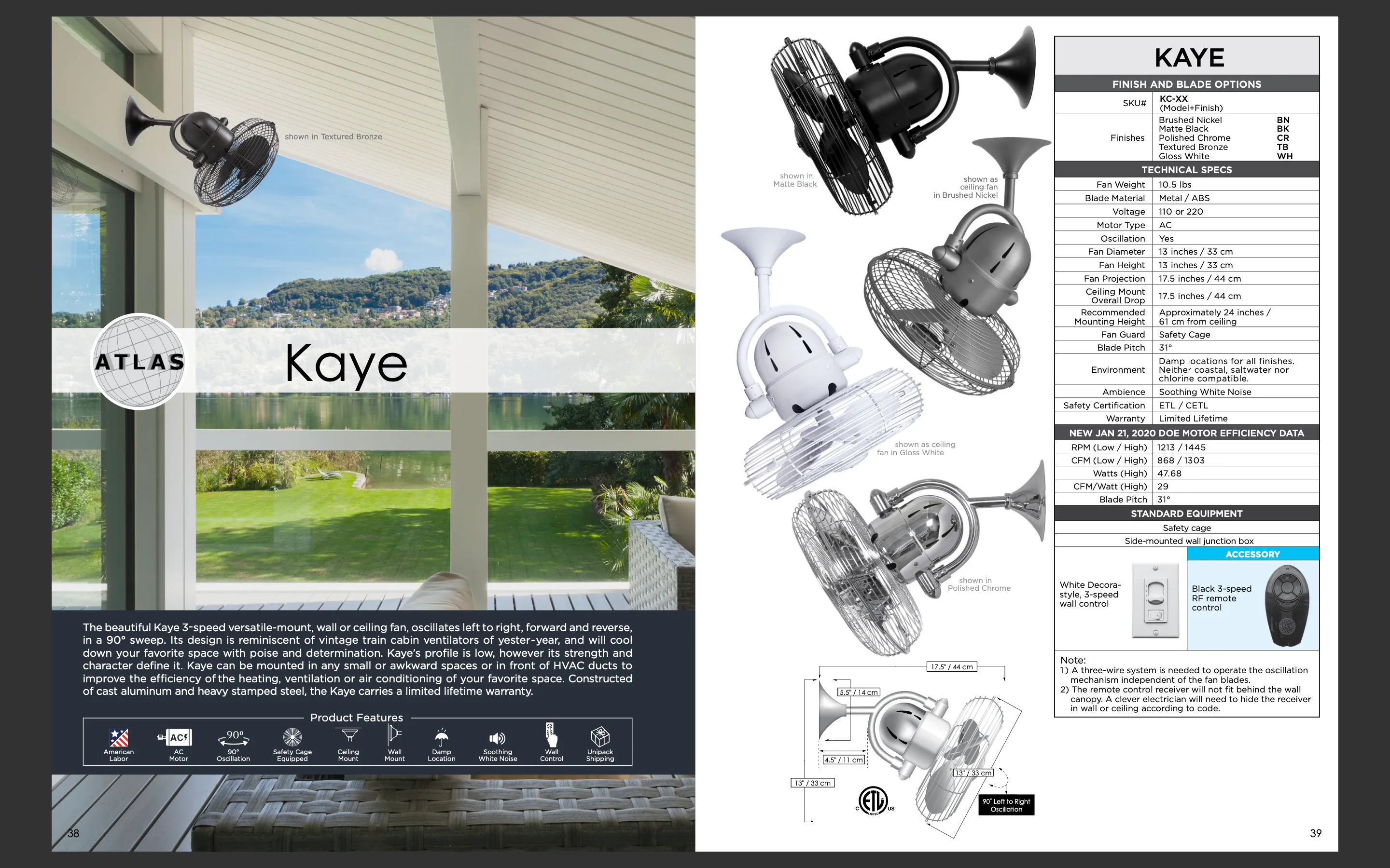 Matthews Fan Company Kaye 13" Indoor/Outdoor AC Osciallating Wall Fan with Wall Control and Remote