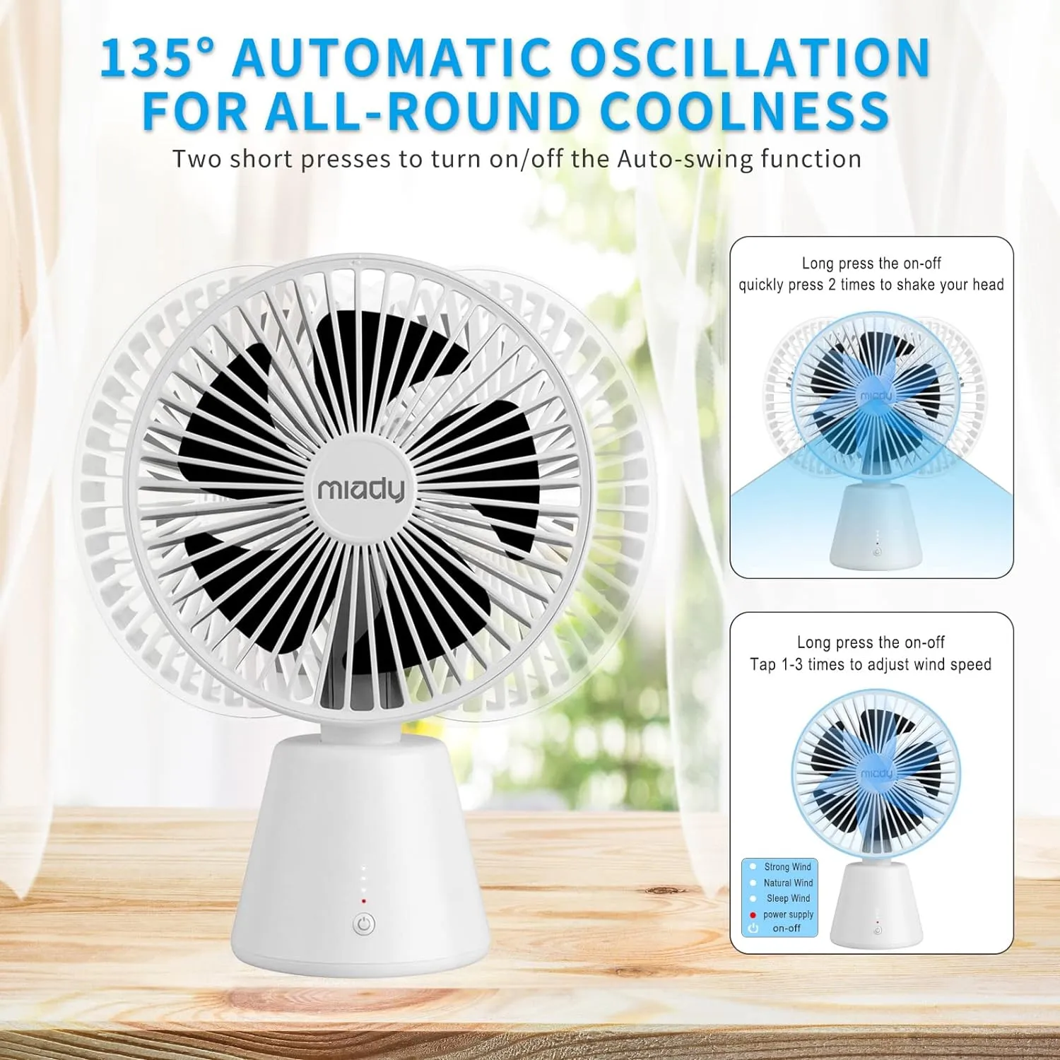 Miady USB Desk Fan, Upgraded 5000mAh Portable Desktop Fan 135Auto-Oscillating 3 Speeds Mini Cooling Personal Table Fan for Home Office Travel Camping Outdoor