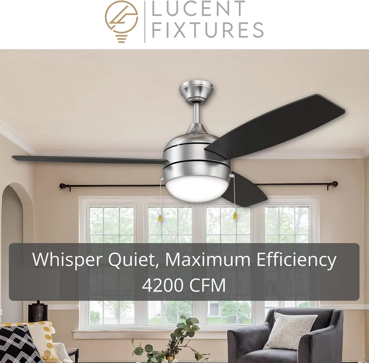 Mila 52 Inch Matte Black Ceiling Fans with Light - Modern Ceiling Fan, 3 Blades, Pull Chain Controls, Perfect for Bedrooms and Living Rooms, Elegant 52 Inch Ceiling Fan with Light