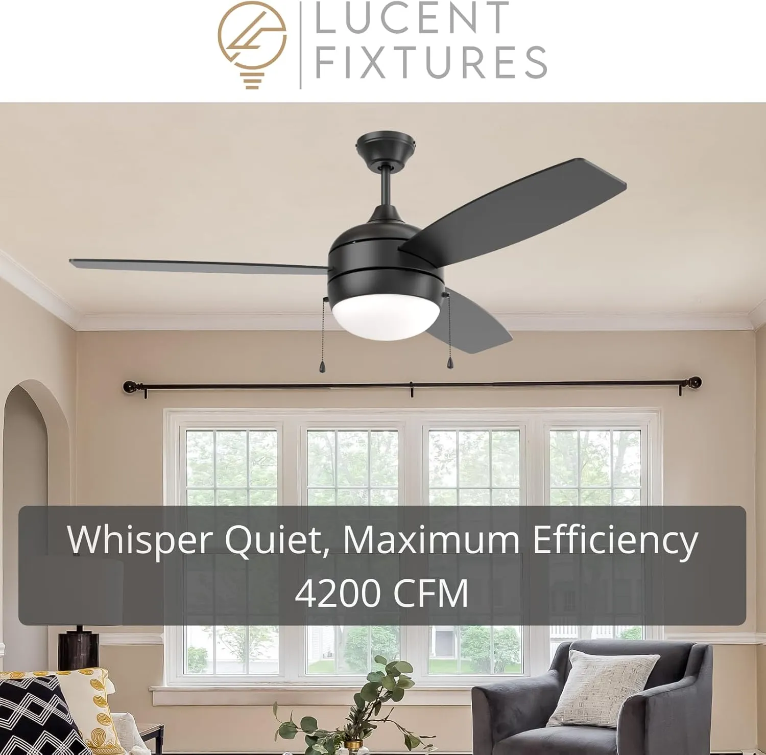 Mila 52 Inch Pull Chain Ceiling Fan with Light  Modern Ceiling Fans with Lights in Matte Black, 3 Blades, Ideal for Bedrooms and Living Rooms