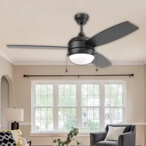 Mila 52 Inch Pull Chain Ceiling Fan with Light  Modern Ceiling Fans with Lights in Matte Black, 3 Blades, Ideal for Bedrooms and Living Rooms Fan with safety blade design