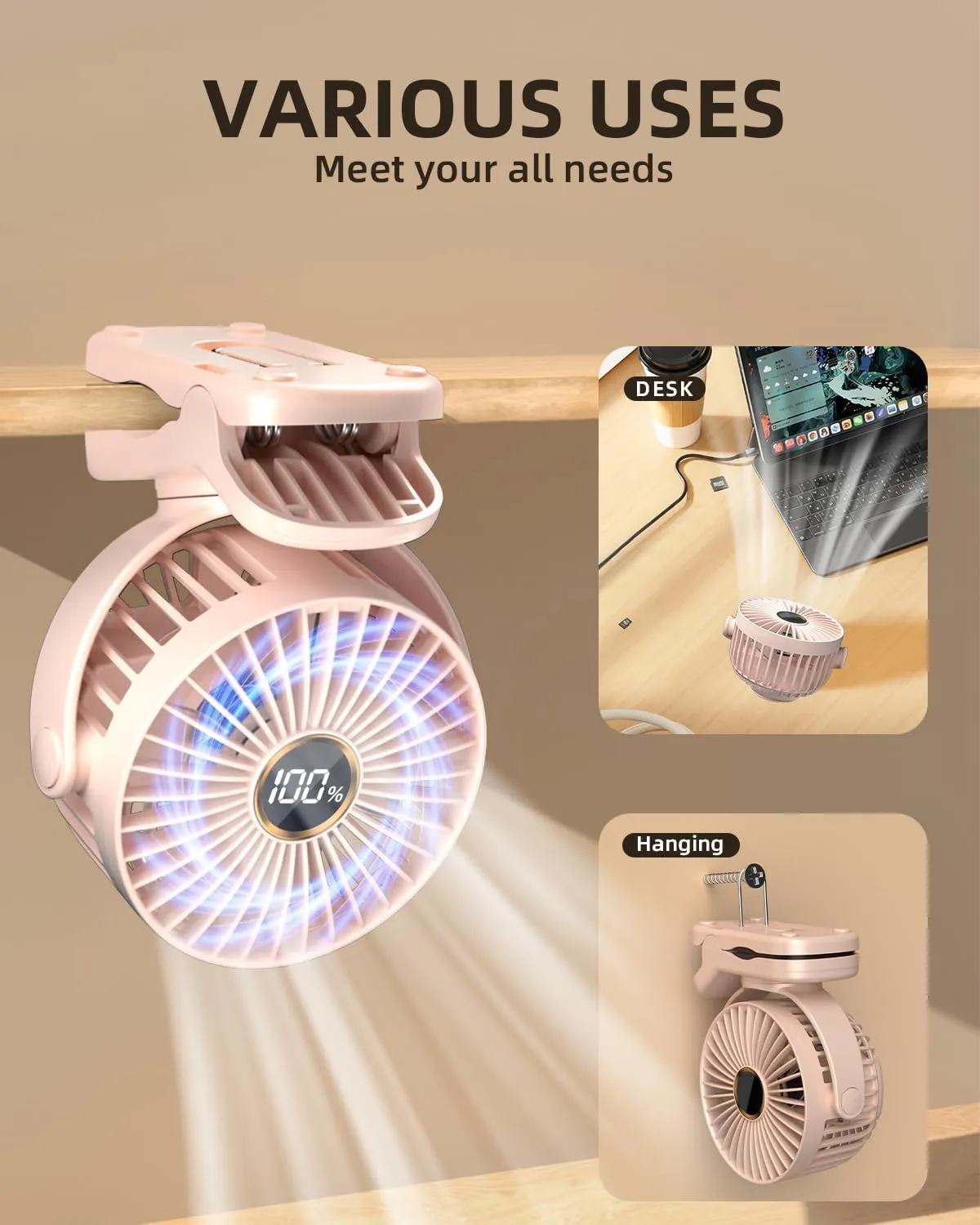 Mini Clip on Fan, Battery Operated Desk Fan, Digital display3 Speeds Adjustable, Bidirectional 360  Adjustable, Super Strong Wind, Portable Fan for Home, Office, Camping