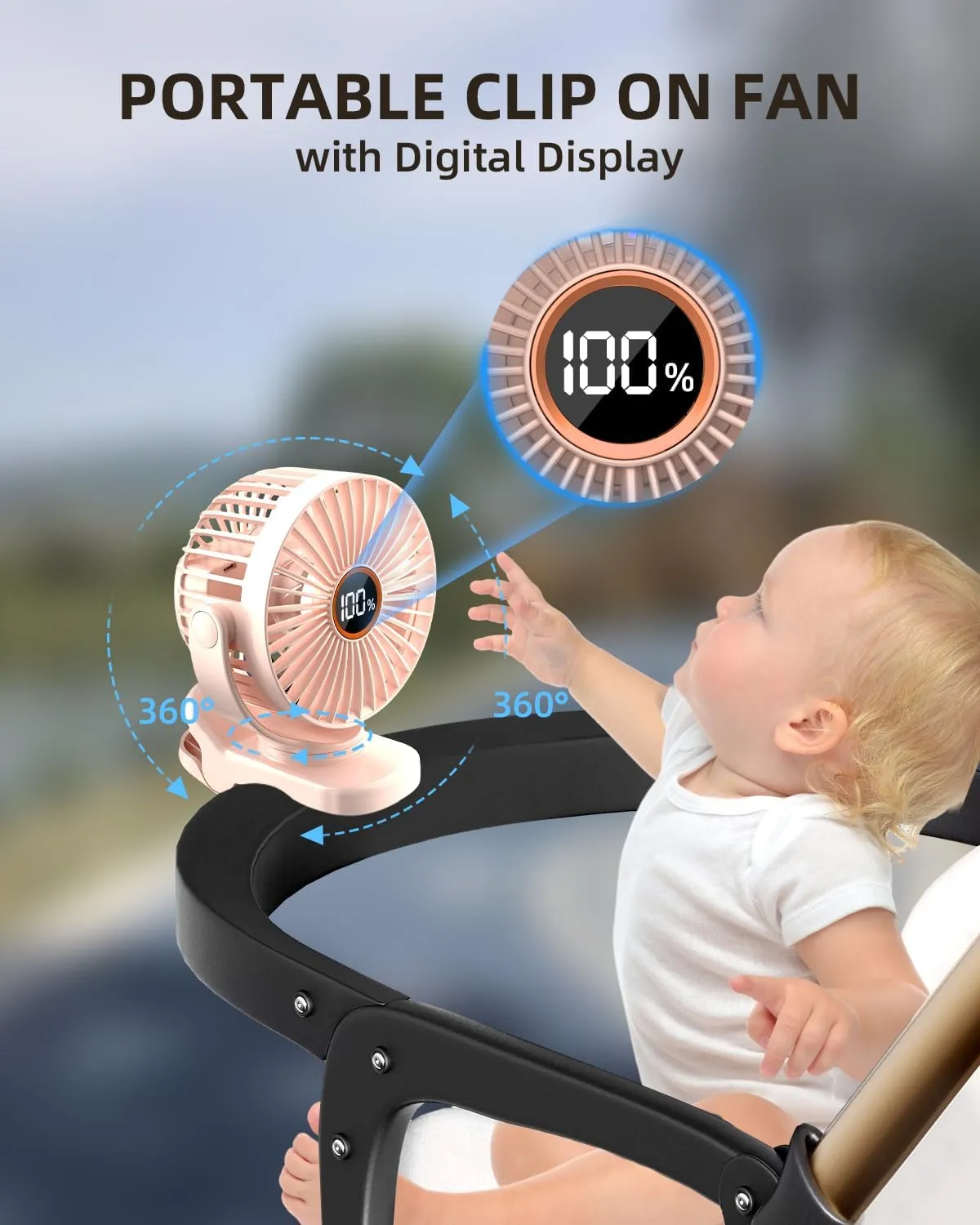 Mini Clip on Fan, Battery Operated Desk Fan, Digital display3 Speeds Adjustable, Bidirectional 360  Adjustable, Super Strong Wind, Portable Fan for Home, Office, Camping