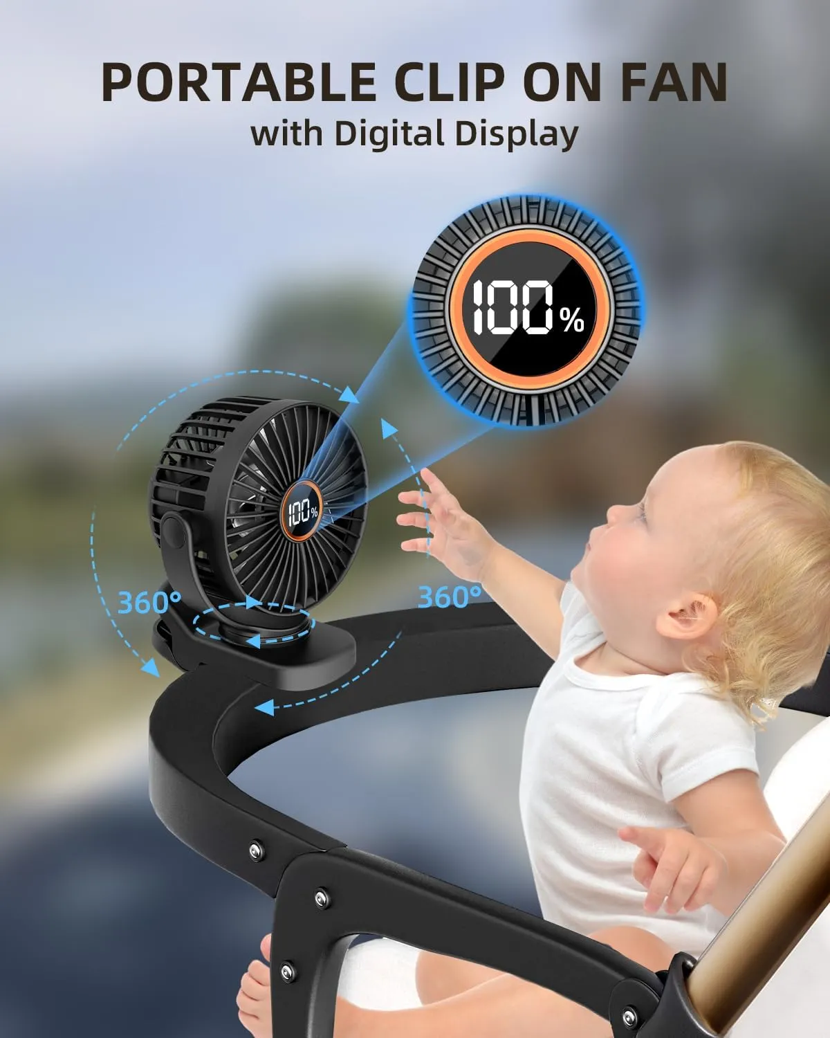 Mini Clip on Fan, Battery Operated Desk Fan, Digital display3 Speeds Adjustable, Bidirectional 360  Adjustable, Super Strong Wind, Portable Fan for Home Office Stroller Camping Black