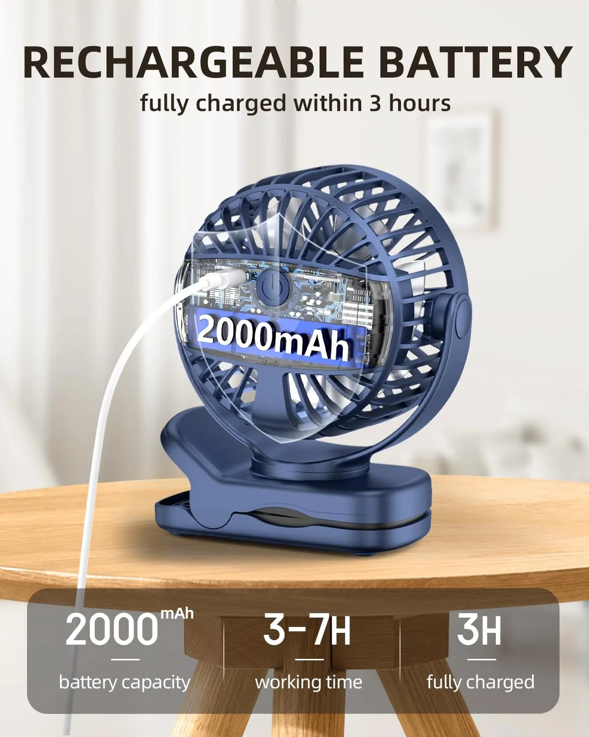 Mini Clip on Fan, Battery Operated Desk Fan, Digital display3 Speeds Adjustable, Bidirectional 360  Adjustable, Super strong wind, Portable Fan for Home Office Stroller Camping Blue