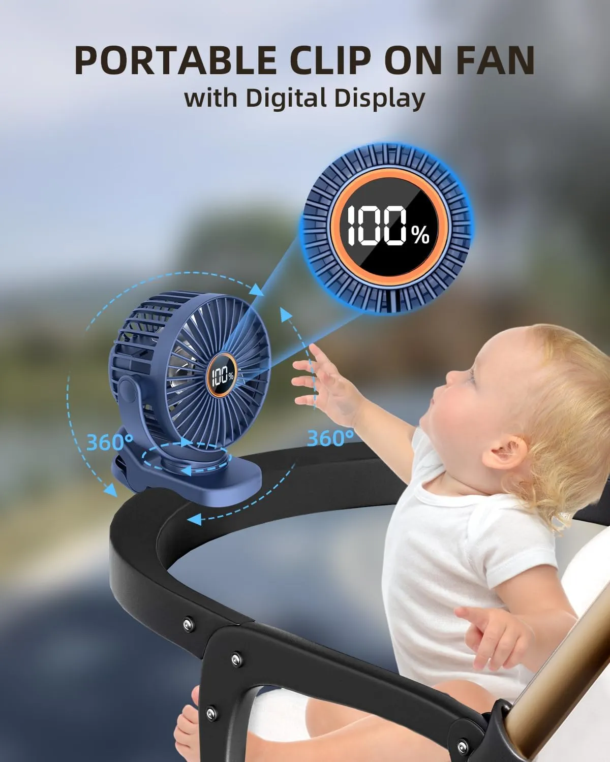 Mini Clip on Fan, Battery Operated Desk Fan, Digital display3 Speeds Adjustable, Bidirectional 360  Adjustable, Super strong wind, Portable Fan for Home Office Stroller Camping Blue