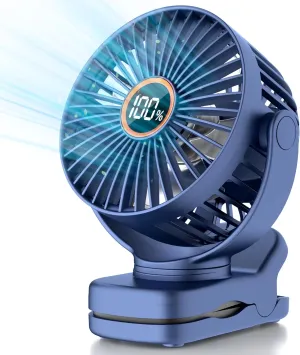 Mini Clip on Fan, Battery Operated Desk Fan, Digital display3 Speeds Adjustable, Bidirectional 360  Adjustable, Super strong wind, Portable Fan for Home Office Stroller Camping Blue Battery-powered portable fan