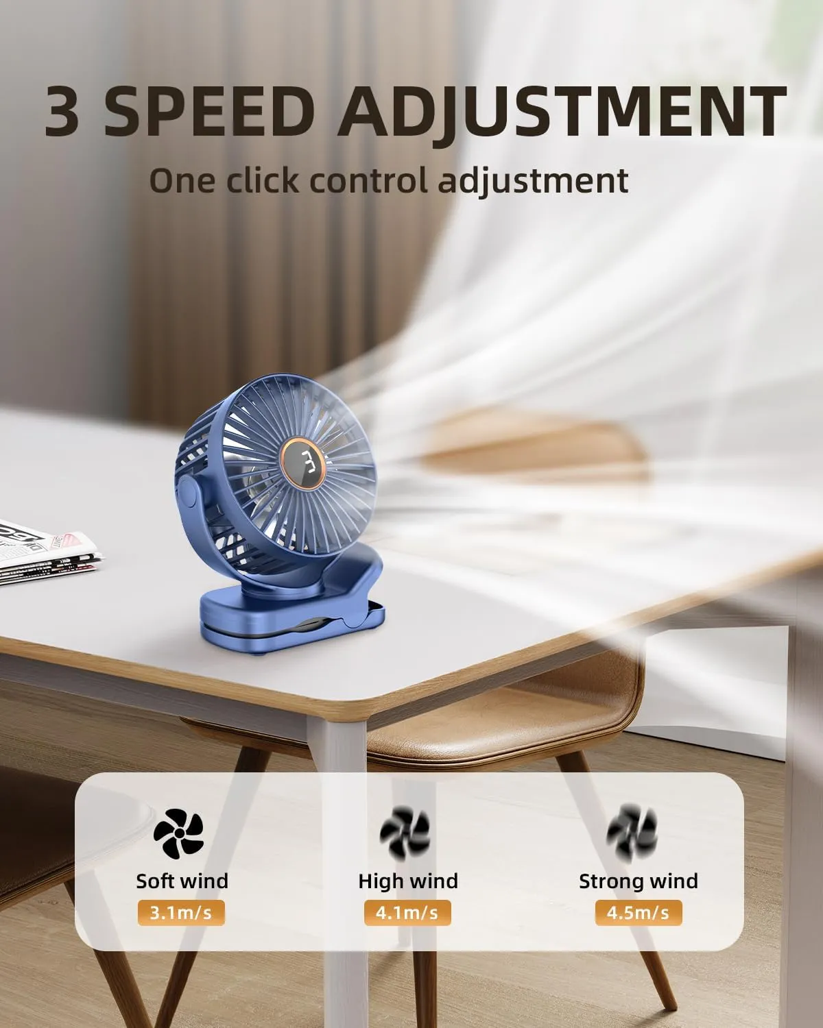 Mini Clip on Fan, Battery Operated Desk Fan, Digital display3 Speeds Adjustable, Bidirectional 360  Adjustable, Super strong wind, Portable Fan for Home Office Stroller Camping Blue