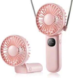 Mini Fan Handheld, Handheld/Neck/Desk 3 in 1 Rechargeable Small Portable for Travel, 2400mAh Battery Operated with LED Display, 180 Foldable with 5 Speed Wind (Pink) Neck fan for hands-free comfort