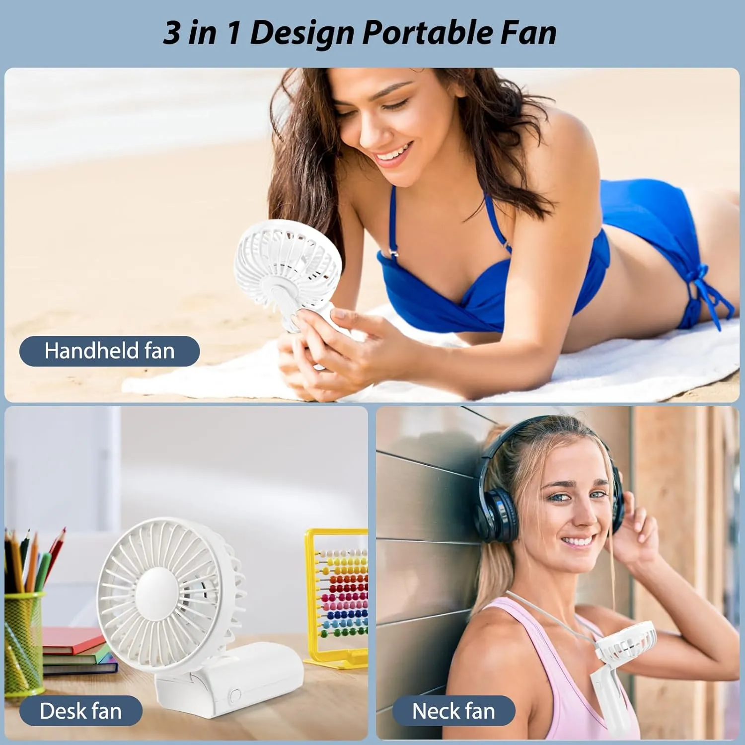Mini Fan Handheld, Handheld/Neck/Desk 3 in 1 Rechargeable Small Portable for Travel, 2400mAh Battery Operated with LED Display, 180 Foldable with 5 Speed Wind (White)
