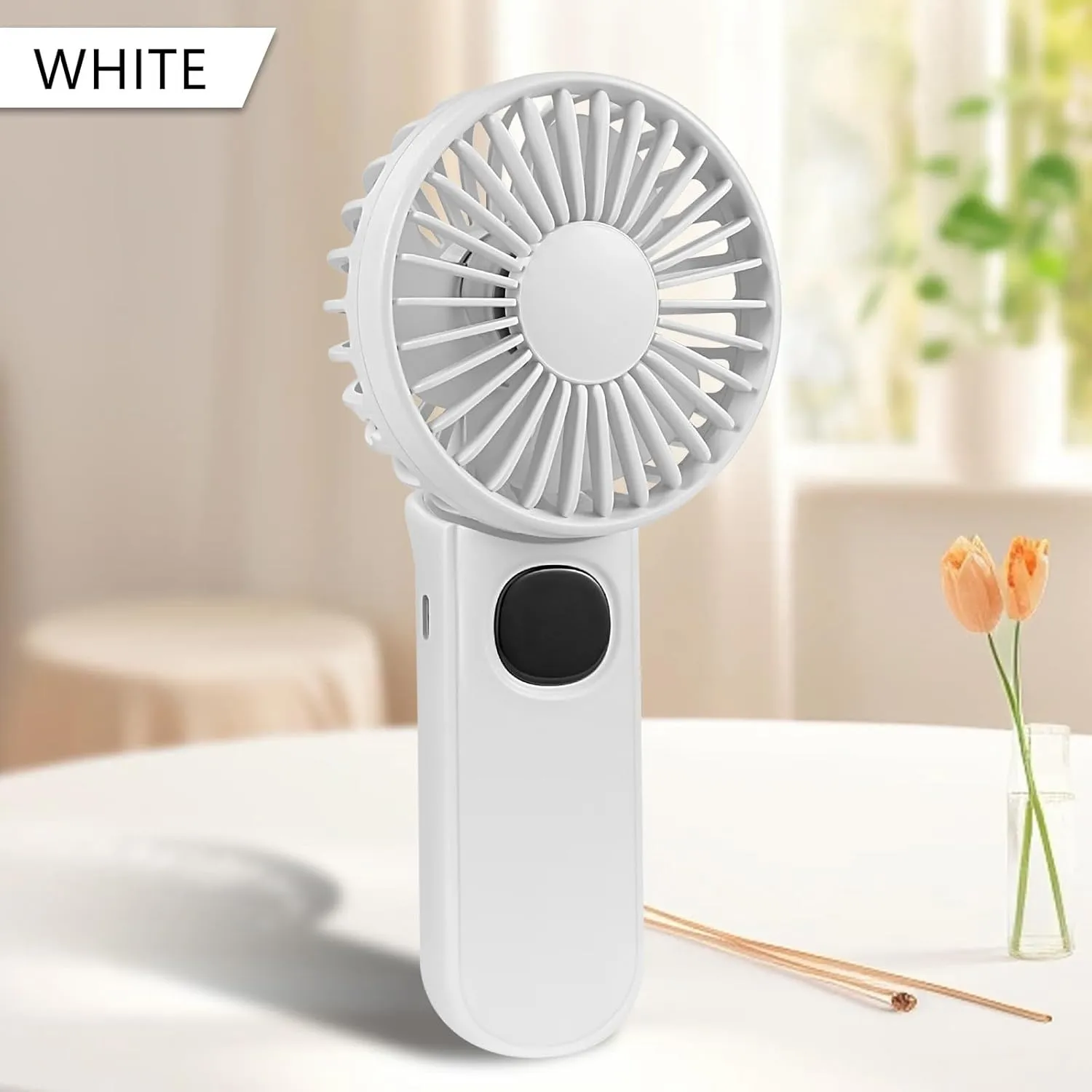 Mini Fan Handheld, Handheld/Neck/Desk 3 in 1 Rechargeable Small Portable for Travel, 2400mAh Battery Operated with LED Display, 180 Foldable with 5 Speed Wind (White)