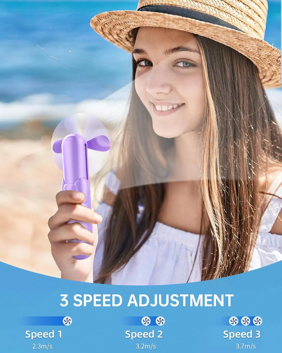 Mini Handheld Fan, Portable Hand Fan with USB Rechargeable, 2000 mAh Battery Operated, 3 Speeds Adjustable, 2 IN 1 Small Personal Pocket Fan for Women Girls Travel Outdoor