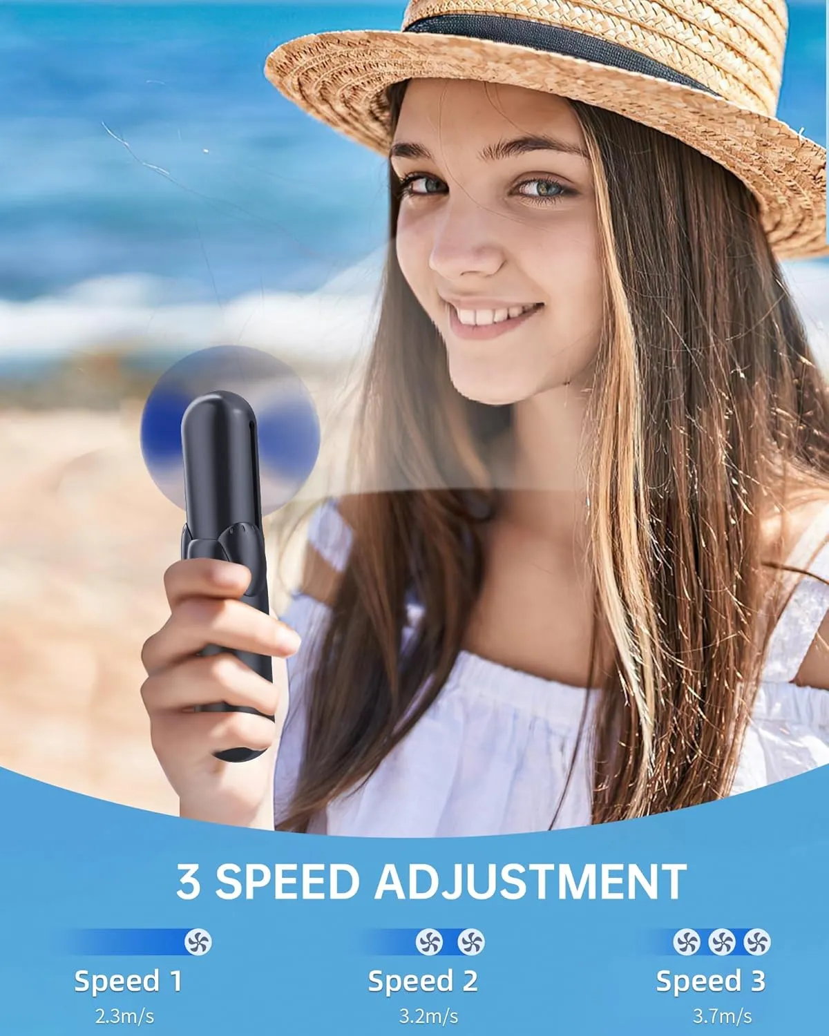 Mini Handheld Fan, Portable Hand Fan with USB Rechargeable, 2000 mAh Battery Operated, 3 Speeds Adjustable, 2 IN 1 Small Personal Pocket Fan for Women Girls Travel Outdoor