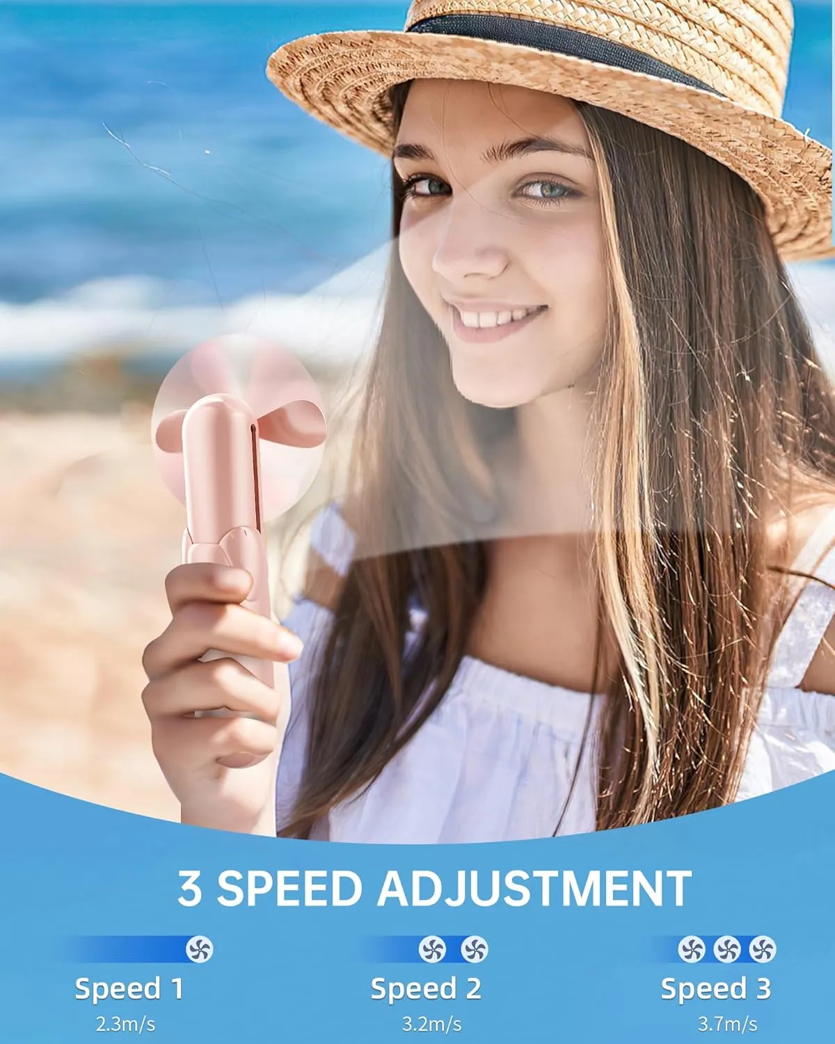 Mini Handheld Fan, Portable Hand Fan with USB Rechargeable, 2000 mAh Battery Operated, 3 Speeds Adjustable, 2 IN 1 Small Personal Pocket Fan for Women Girls Travel Outdoor