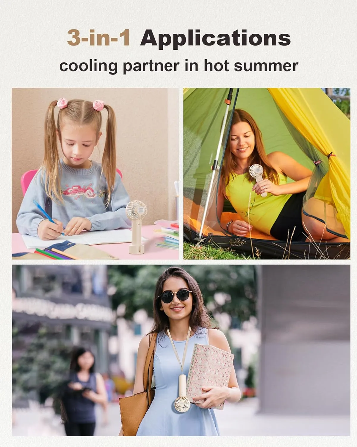 Mini Handheld Fan, Small Cute Design, 3 Powerful Speeds, USB Rechargeable Battery Operated, Personal Portable Fan with Base & Lanyard, for Eyelash Makeup Travel Beach Office Desk, Beige