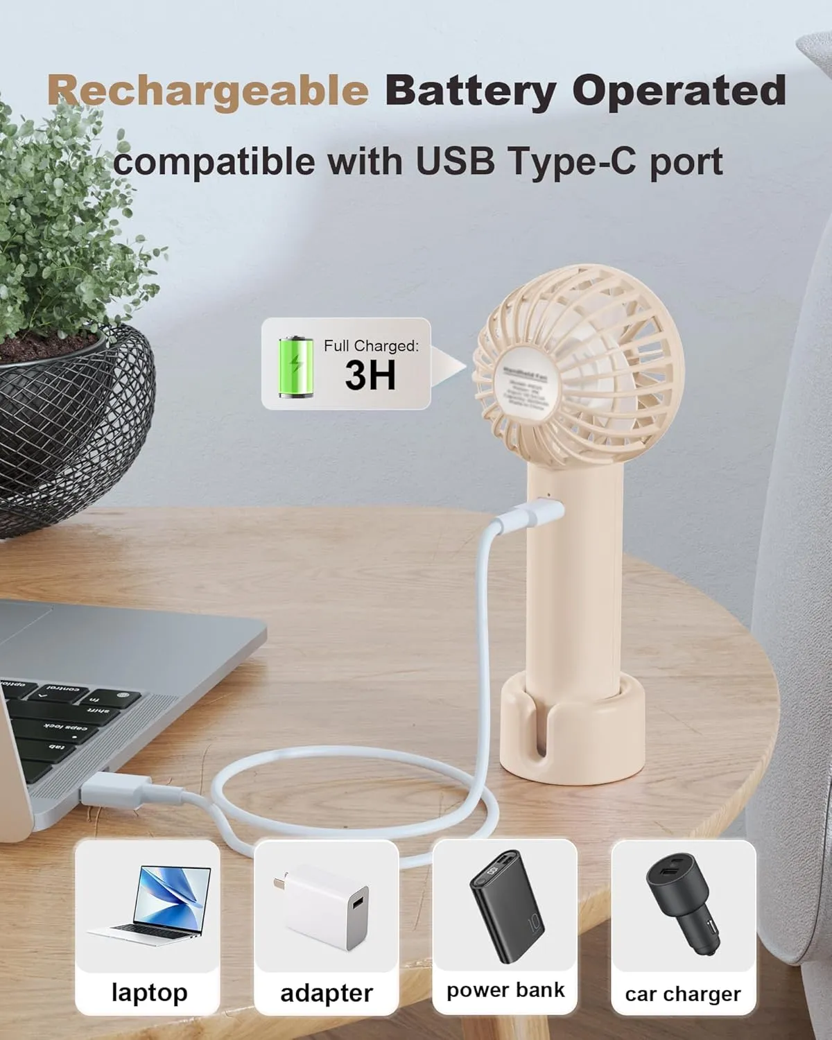 Mini Handheld Fan, Small Cute Design, 3 Powerful Speeds, USB Rechargeable Battery Operated, Personal Portable Fan with Base & Lanyard, for Eyelash Makeup Travel Beach Office Desk, Beige