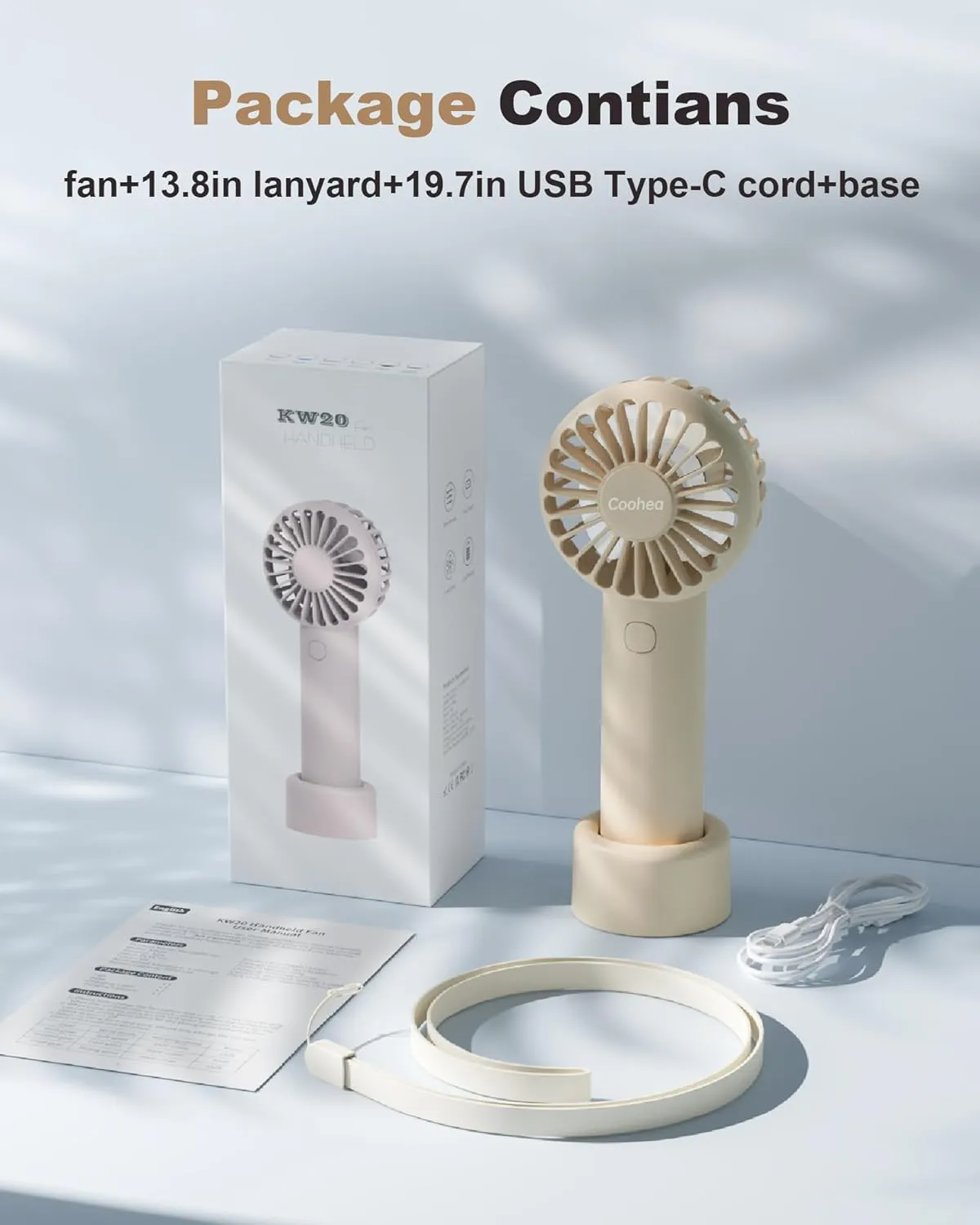 Mini Handheld Fan, Small Cute Design, 3 Powerful Speeds, USB Rechargeable Battery Operated, Personal Portable Fan with Base & Lanyard, for Eyelash Makeup Travel Beach Office Desk, Beige