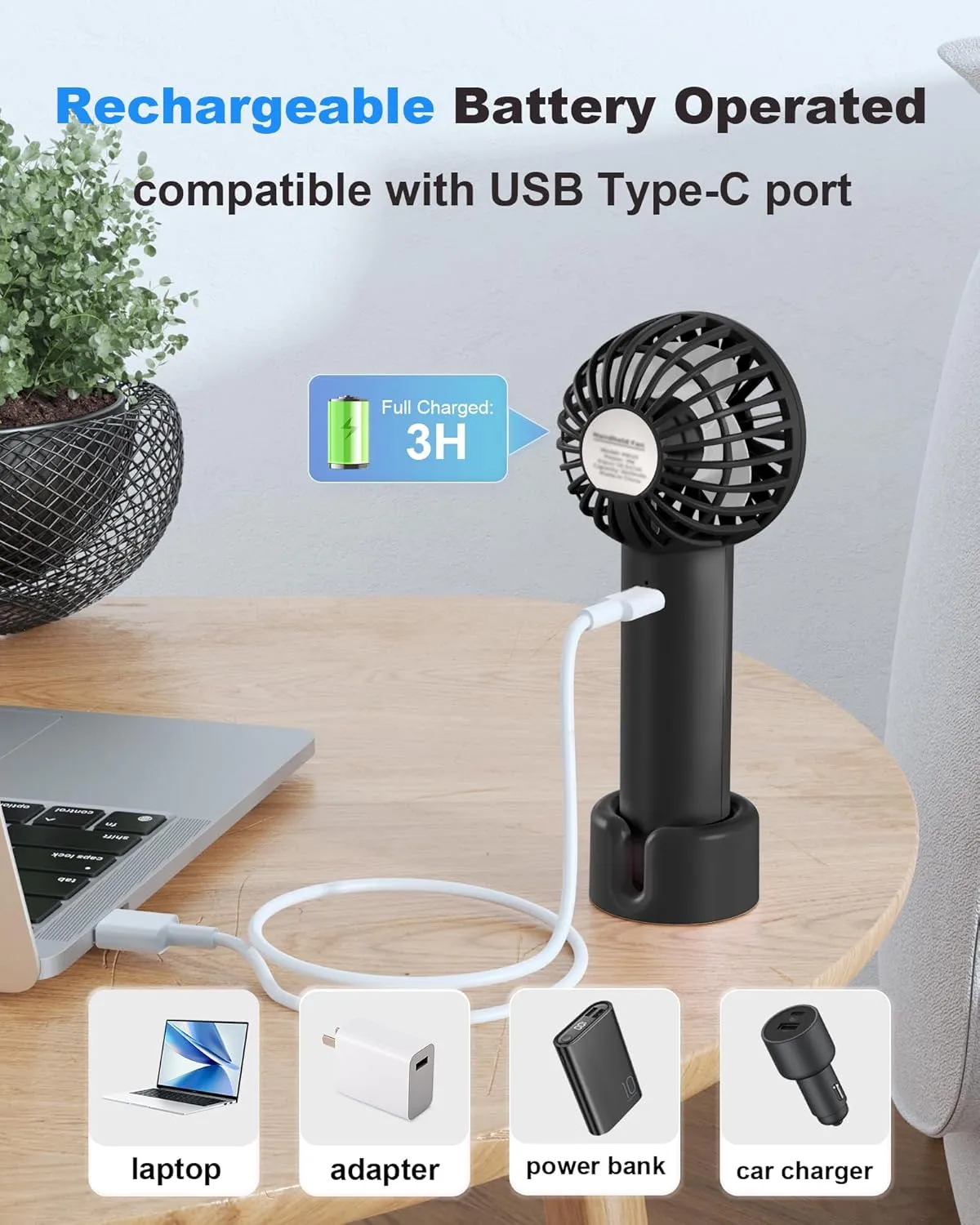 Mini Handheld Fan, Small Cute Design, 3 Powerful Speeds, USB Rechargeable Battery Operated, Personal Portable Fan with Base & Lanyard, for Eyelash Makeup Travel Beach Office Desk, Black
