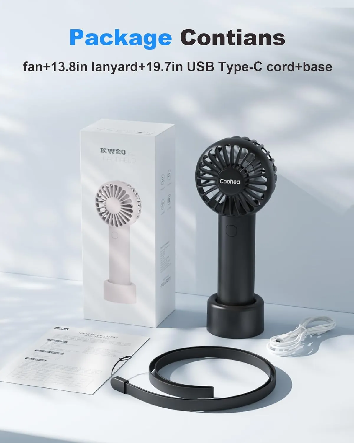 Mini Handheld Fan, Small Cute Design, 3 Powerful Speeds, USB Rechargeable Battery Operated, Personal Portable Fan with Base & Lanyard, for Eyelash Makeup Travel Beach Office Desk, Black