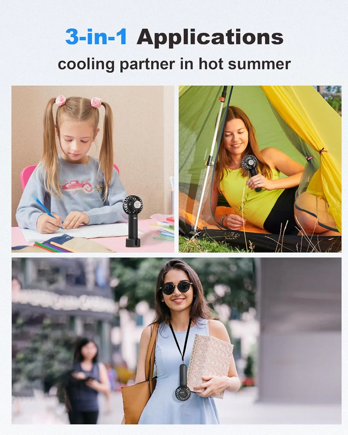 Mini Handheld Fan, Small Cute Design, 3 Powerful Speeds, USB Rechargeable Battery Operated, Personal Portable Fan with Base & Lanyard, for Eyelash Makeup Travel Beach Office Desk, Black