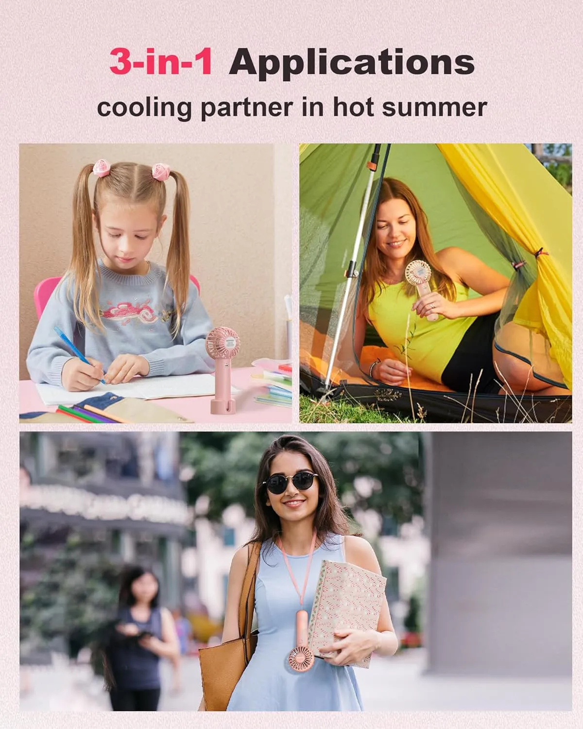 Mini Handheld Fan, Small Cute Design, 3 Powerful Speeds, USB Rechargeable Battery Operated, Personal Portable Fan with Base & Lanyard, for Eyelash Makeup Travel Beach Office Desk, Pink