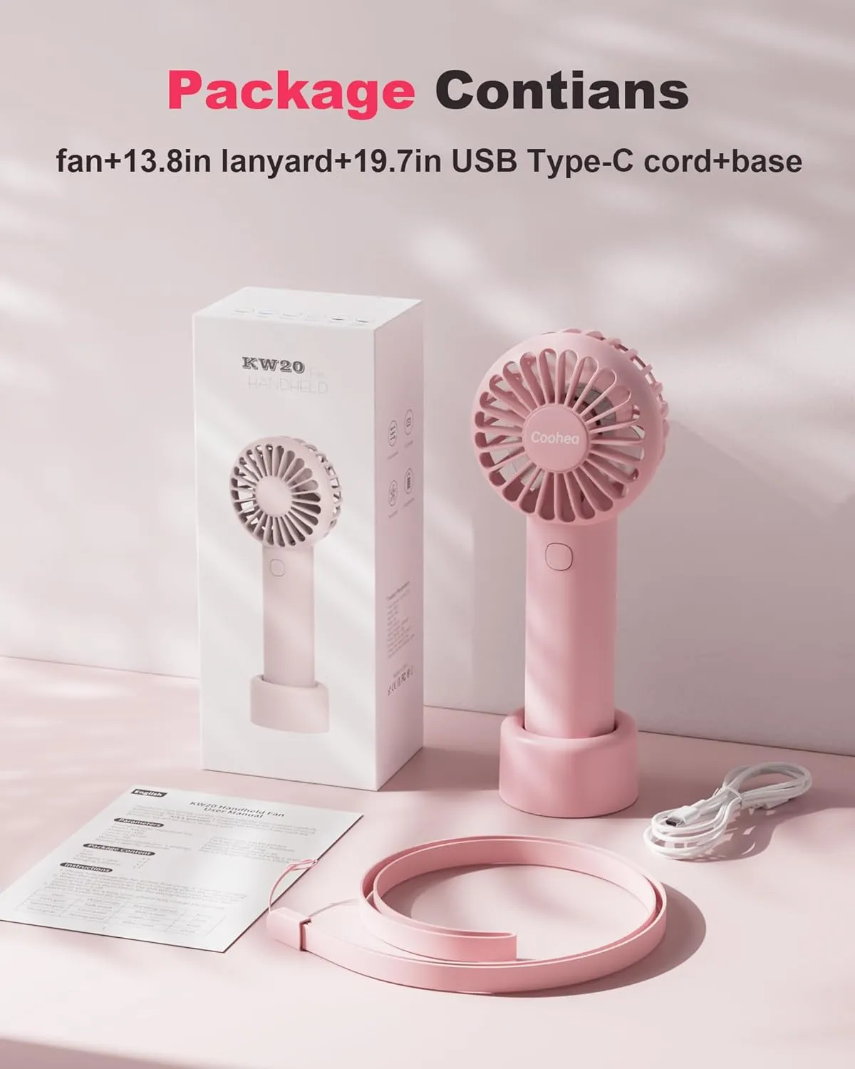 Mini Handheld Fan, Small Cute Design, 3 Powerful Speeds, USB Rechargeable Battery Operated, Personal Portable Fan with Base & Lanyard, for Eyelash Makeup Travel Beach Office Desk, Pink