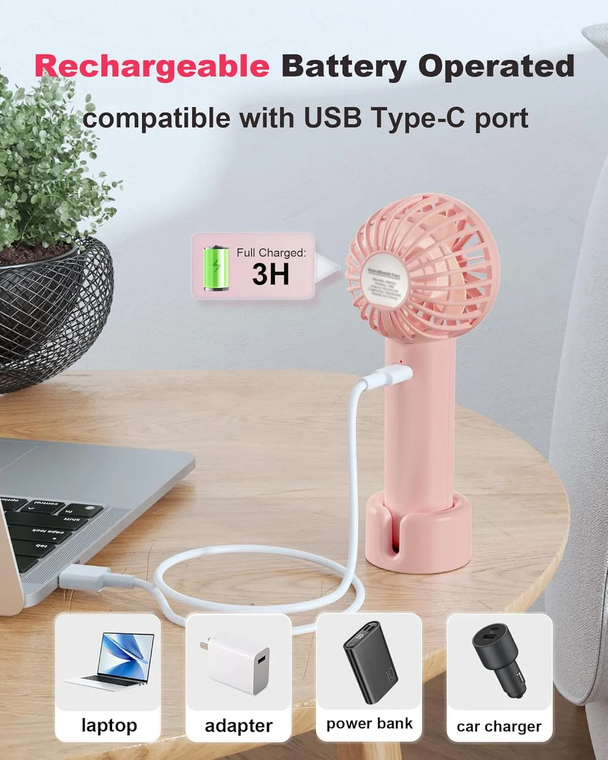 Mini Handheld Fan, Small Cute Design, 3 Powerful Speeds, USB Rechargeable Battery Operated, Personal Portable Fan with Base & Lanyard, for Eyelash Makeup Travel Beach Office Desk, Pink
