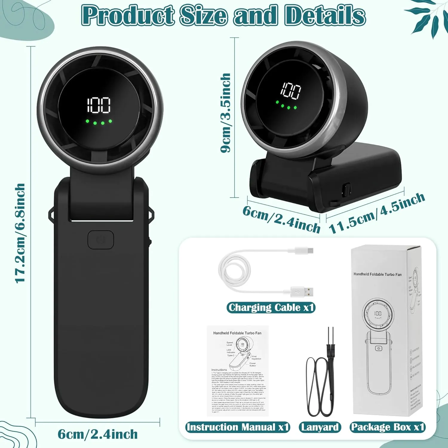Mini Handheld Portable Fan - Small Foldable Personal Hand Desk Neck Fan with LED Display, 3600mAh Adjustable Speed (1-100) Rechargeable USB Hand Geld Fan Gifts for Home Travel Outdoor (Black)