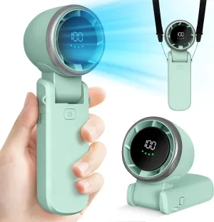 Mini Handheld Portable Fan - Small Foldable Personal Hand Desk Neck Fan with LED Display, 3600mAh Adjustable Speed (1-100) Rechargeable USB Hand Geld Fan Gifts for Home Travel Outdoor (Green) Neck fan for hands-free comfort