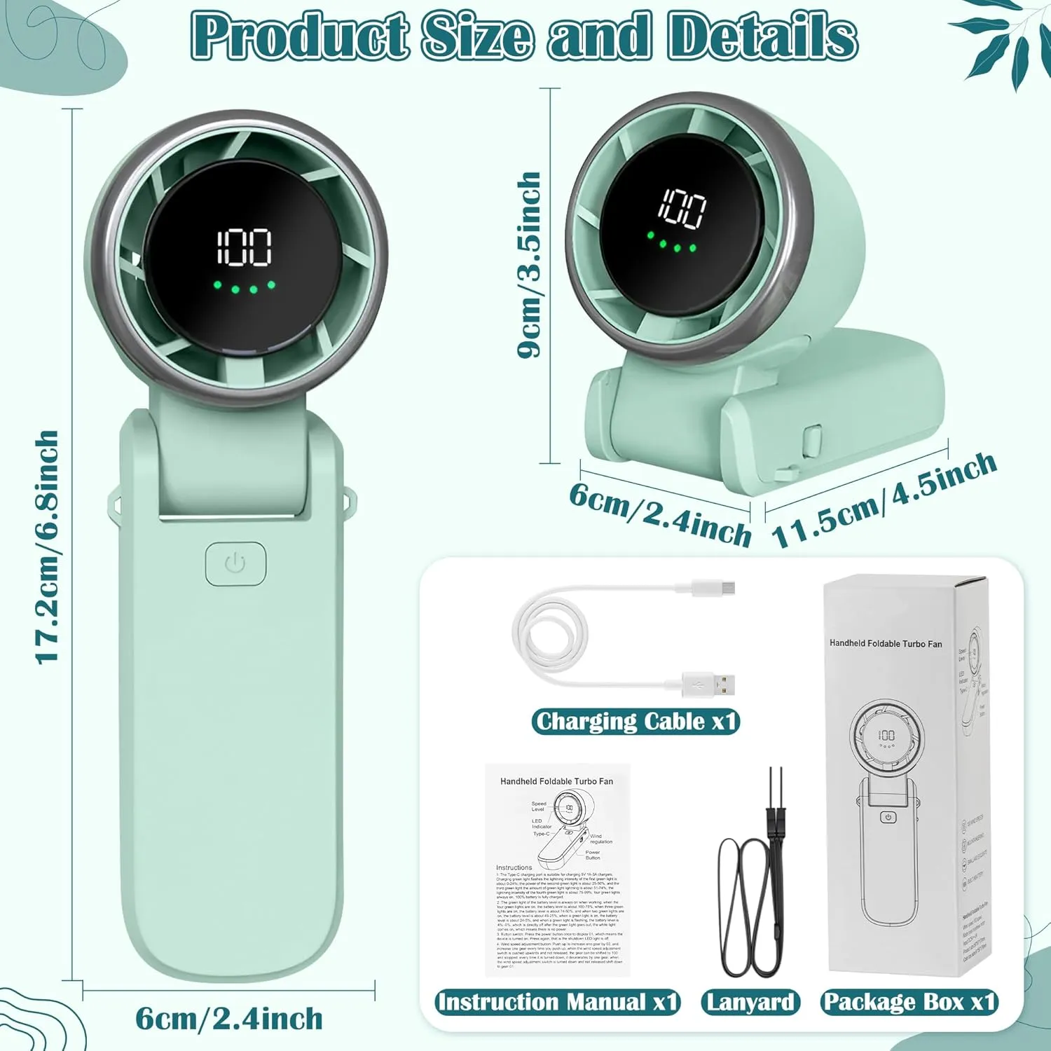 Mini Handheld Portable Fan - Small Foldable Personal Hand Desk Neck Fan with LED Display, 3600mAh Adjustable Speed (1-100) Rechargeable USB Hand Geld Fan Gifts for Home Travel Outdoor (Green)