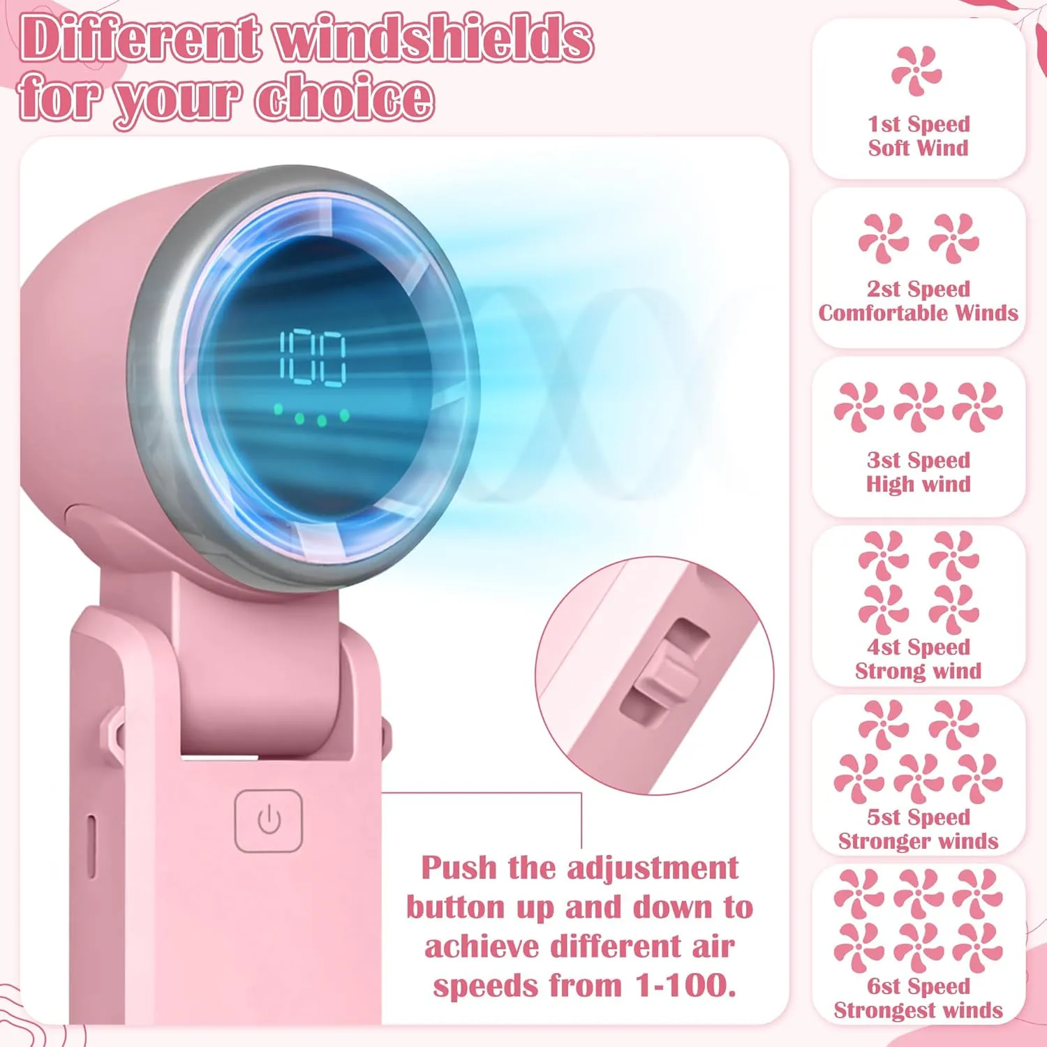 Mini Handheld Portable Fan - Small Foldable Personal Hand Desk Neck Fan with LED Display, 3600mAh Adjustable Speed (1-100) Rechargeable USB Hand Geld Fan Gifts for Home Travel Outdoor (Pink)