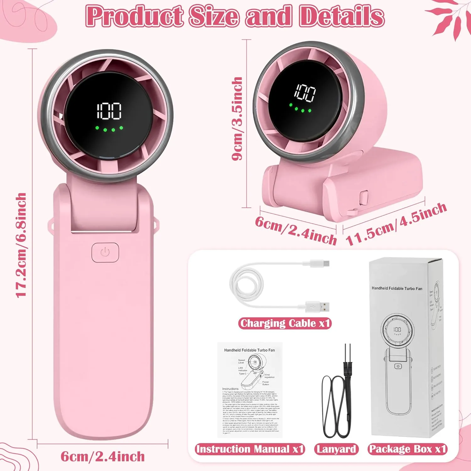 Mini Handheld Portable Fan - Small Foldable Personal Hand Desk Neck Fan with LED Display, 3600mAh Adjustable Speed (1-100) Rechargeable USB Hand Geld Fan Gifts for Home Travel Outdoor (Pink)