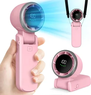 Mini Handheld Portable Fan - Small Foldable Personal Hand Desk Neck Fan with LED Display, 3600mAh Adjustable Speed (1-100) Rechargeable USB Hand Geld Fan Gifts for Home Travel Outdoor (Pink) Neck fan for hands-free comfort