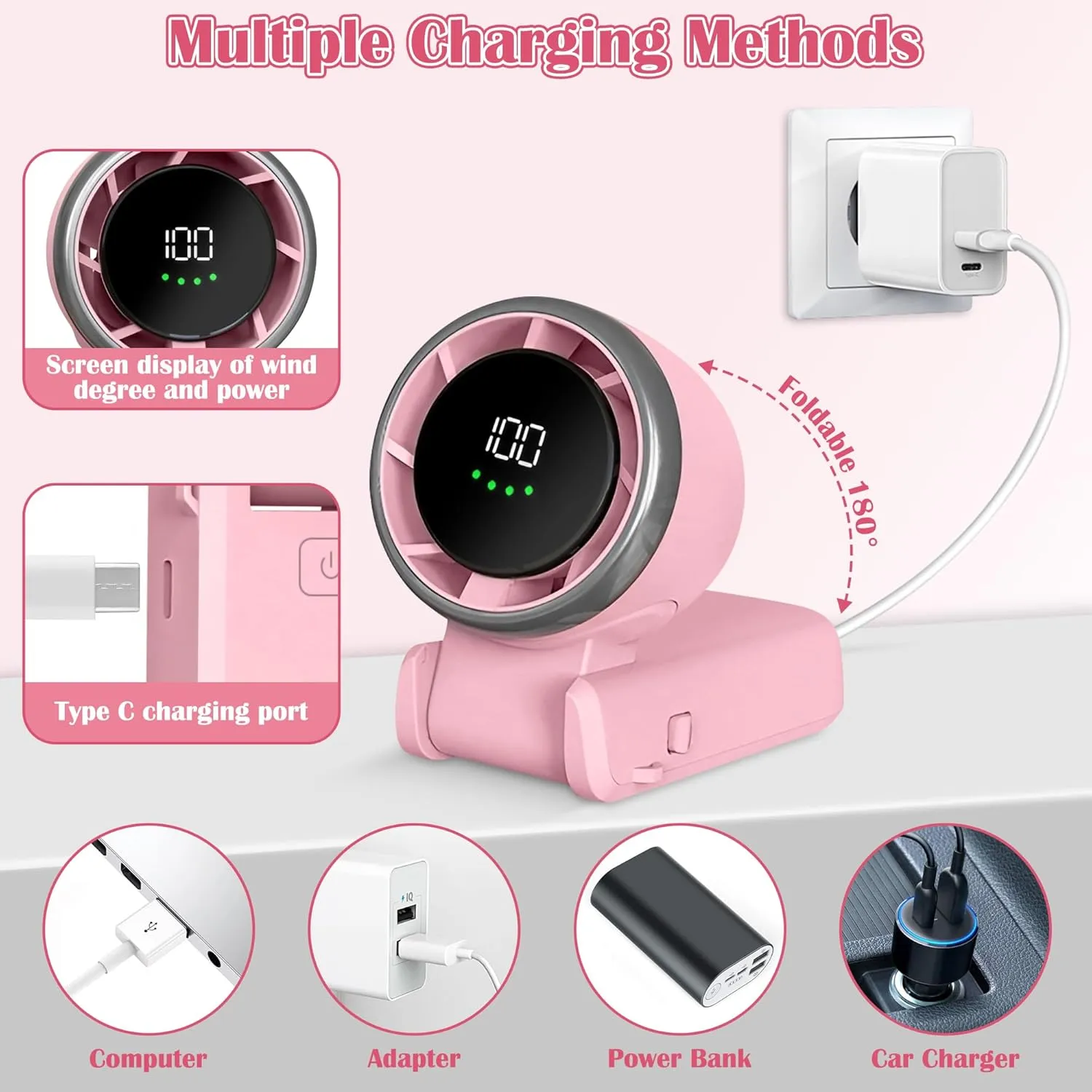 Mini Handheld Portable Fan - Small Foldable Personal Hand Desk Neck Fan with LED Display, 3600mAh Adjustable Speed (1-100) Rechargeable USB Hand Geld Fan Gifts for Home Travel Outdoor (Pink)