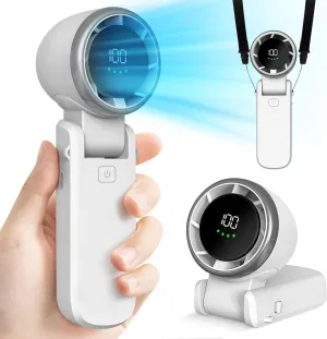 Mini Handheld Portable Fan - Small Foldable Personal Hand Desk Neck Fan with LED Display, 3600mAh Adjustable Speed (1-100) Rechargeable USB Hand Geld Fan Gifts for Home Travel Outdoor (White) Neck fan for hands-free comfort