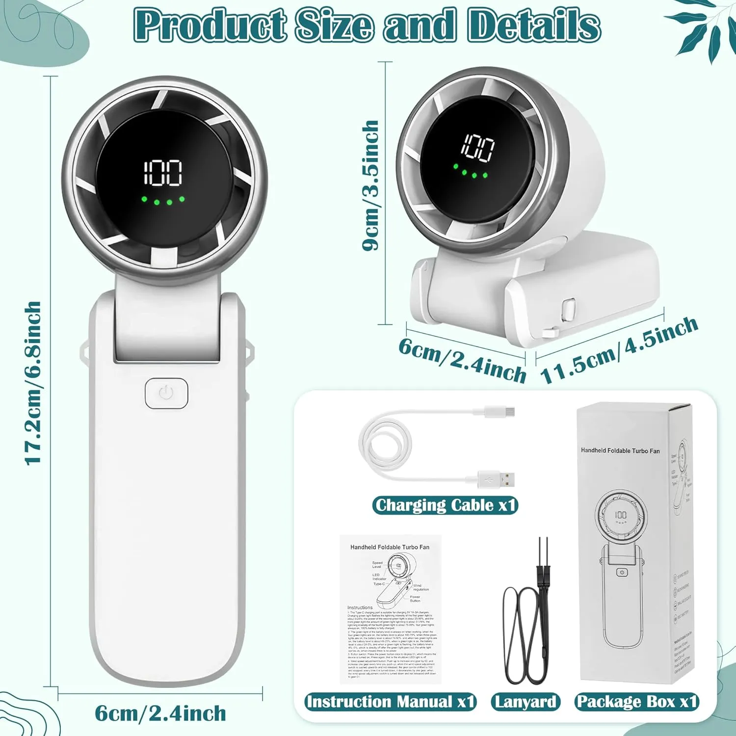 Mini Handheld Portable Fan - Small Foldable Personal Hand Desk Neck Fan with LED Display, 3600mAh Adjustable Speed (1-100) Rechargeable USB Hand Geld Fan Gifts for Home Travel Outdoor (White)