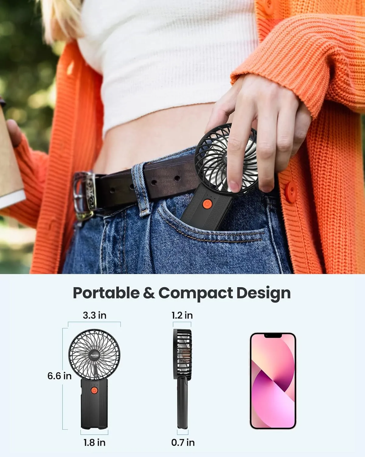 Mini Handheld Portable Foldable Small USB Rechargeable Personal Fan Neckable Desktop 4-speed 3-in-1 Mute Handheld Small Fan 6-15 Hours Continuity Suitable for Summer Travel Camping Outdoor Kids