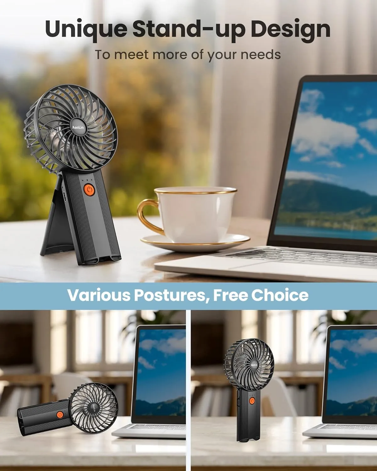 Mini Handheld Portable Foldable Small USB Rechargeable Personal Fan Neckable Desktop 4-speed 3-in-1 Mute Handheld Small Fan 6-15 Hours Continuity Suitable for Summer Travel Camping Outdoor Kids