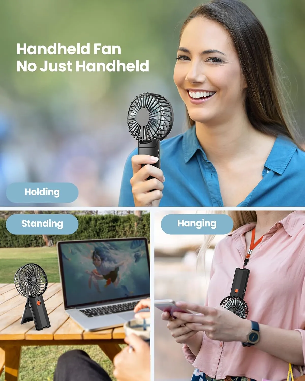 Mini Handheld Portable Foldable Small USB Rechargeable Personal Fan Neckable Desktop 4-speed 3-in-1 Mute Handheld Small Fan 6-15 Hours Continuity Suitable for Summer Travel Camping Outdoor Kids