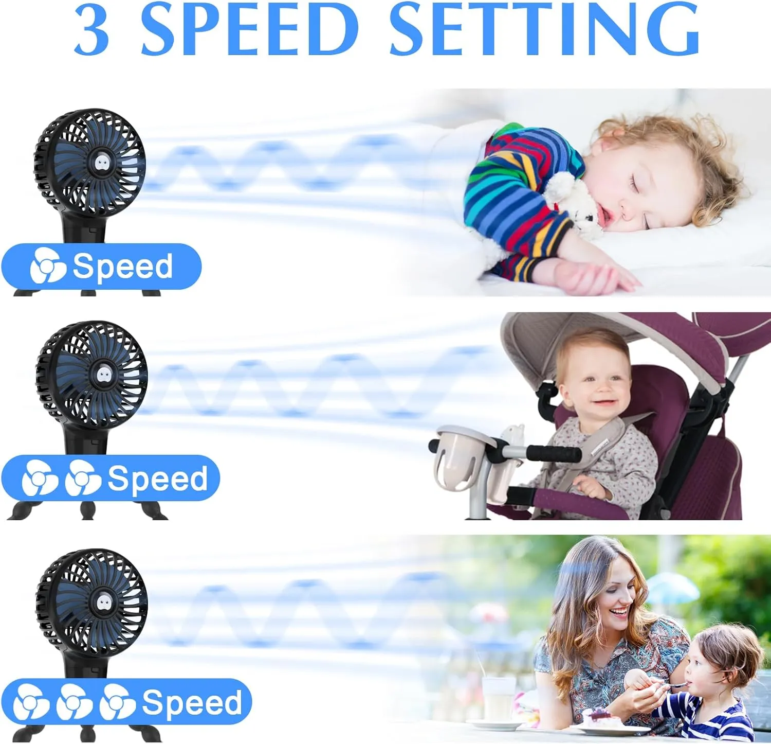 Mini Handheld Stroller Fan with Flexible Tripod, Battery Operated Baby Fan Adjustable 3 Speeds Personal Portable Fan, Car Seat Fan for Crib Bike Treadmill Golf Cart Travel