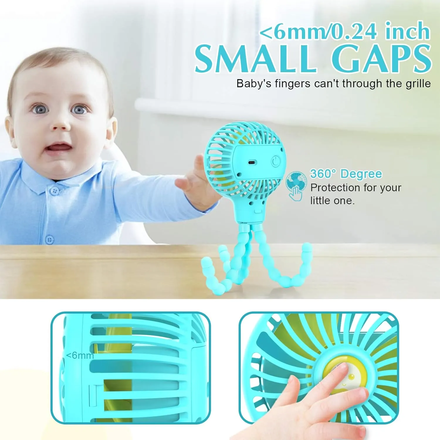 Mini Handheld Stroller Fan with Flexible Tripod, Battery Operated Baby Fan Adjustable 3 Speeds Personal Portable Fan, Car Seat Fan for Crib Bike Treadmill Golf Cart Travel