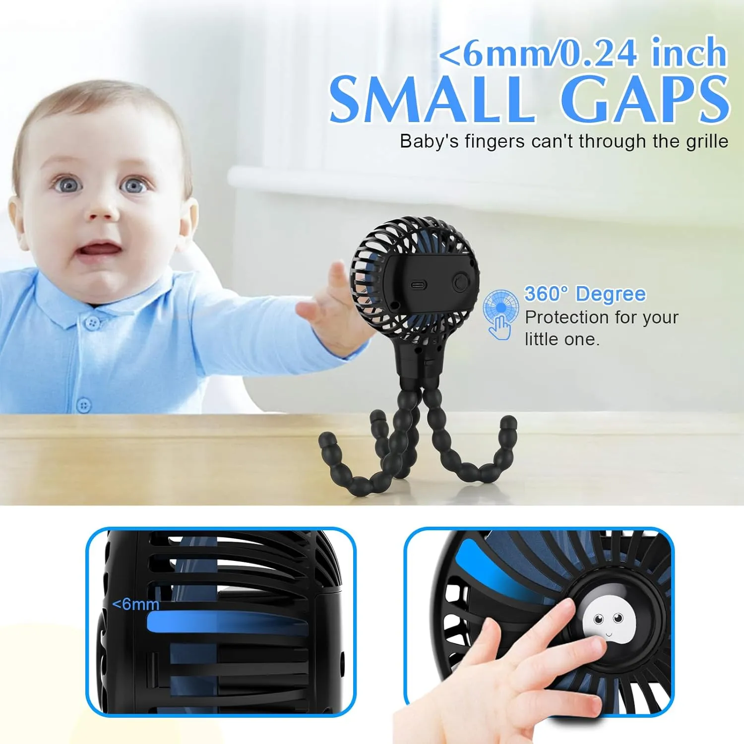 Mini Handheld Stroller Fan with Flexible Tripod, Battery Operated Baby Fan Adjustable 3 Speeds Personal Portable Fan, Car Seat Fan for Crib Bike Treadmill Golf Cart Travel
