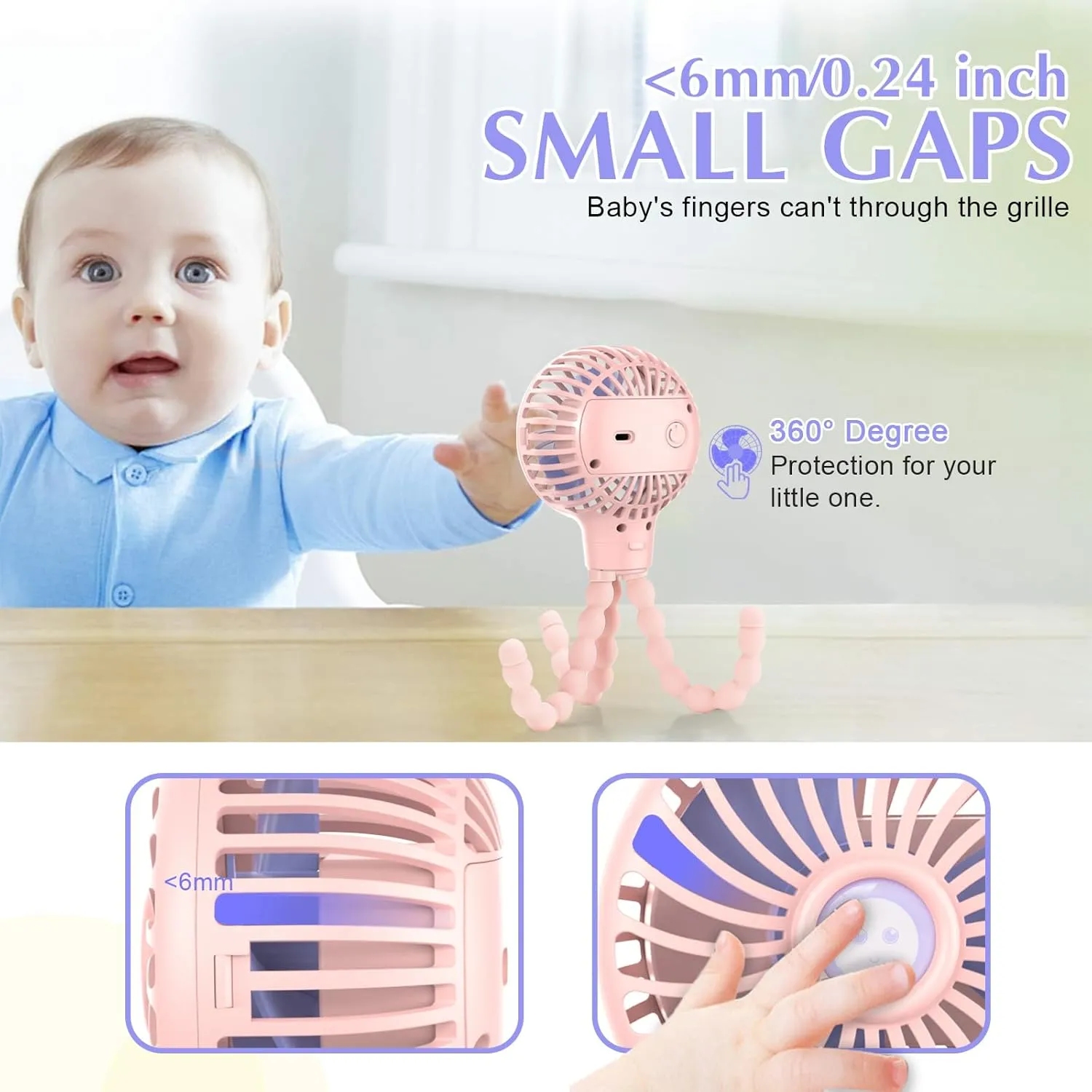 Mini Handheld Stroller Fan with Flexible Tripod, Battery Operated Baby Fan Adjustable 3 Speeds Personal Portable Fan, Car Seat Fan for Crib Bike Treadmill Golf Cart Travel
