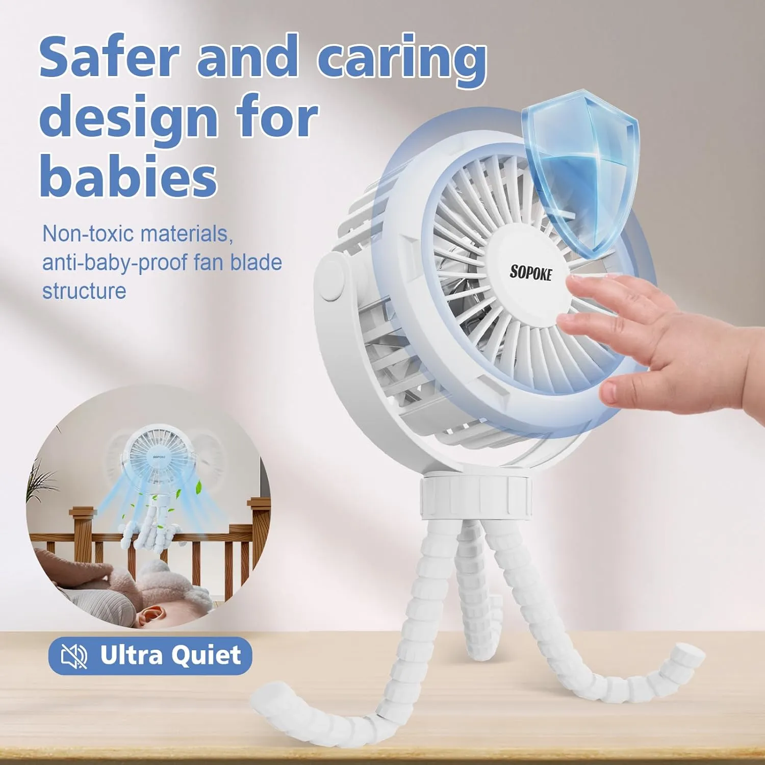 Mini Portable Baby Stroller Fan,3 Speed Personal Handheld Fan,Battery Operated Rechargeable 360 Flexible Tripod Cooling Fan, Suitable for Car Seat Crib Treadmill Golf Cart Travel(Yellow)