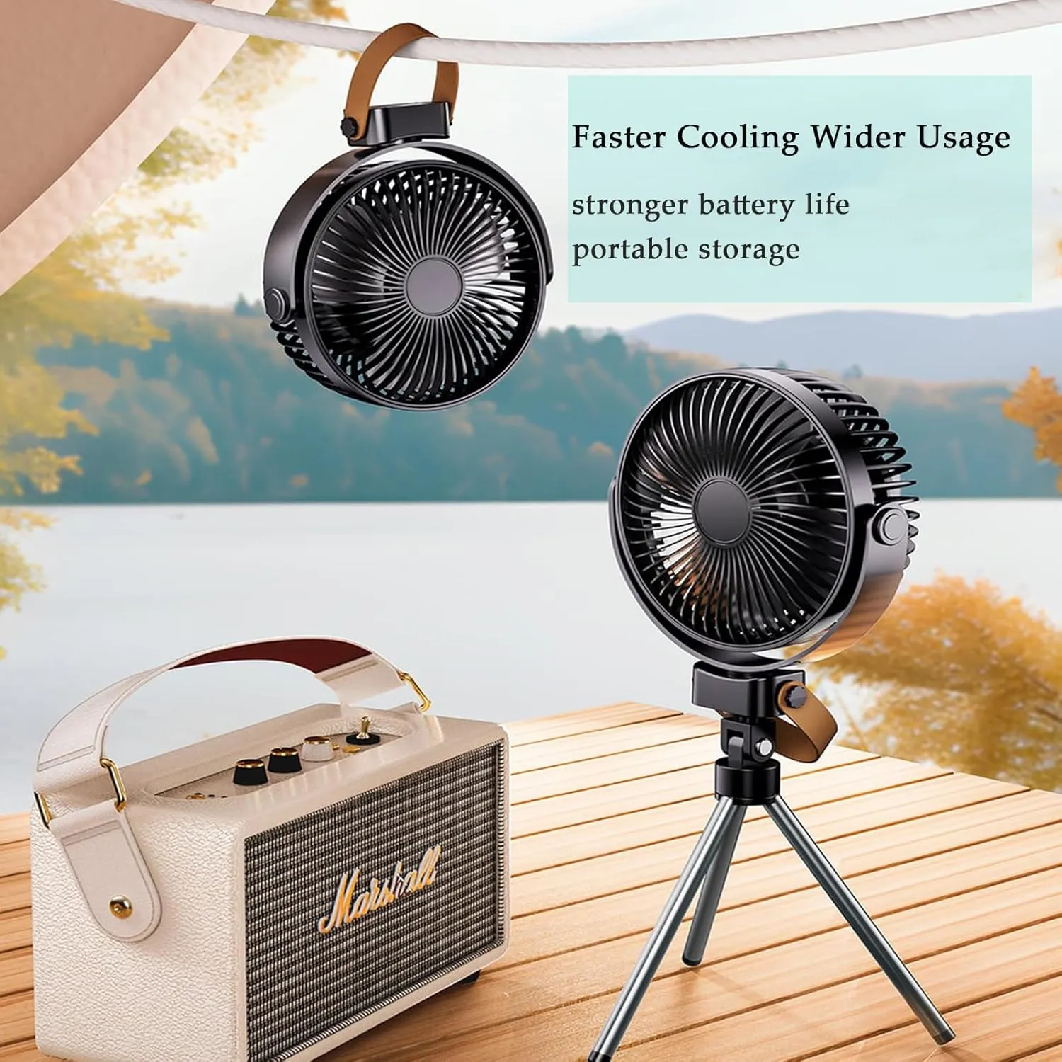 Mini Portable Camping FanBattery Operated Small Powerful USB Desk FanRechargeable fan with LED light and dual charging ports360 Rotate Personal Cooling Fan for Home Office Stroller (Black)