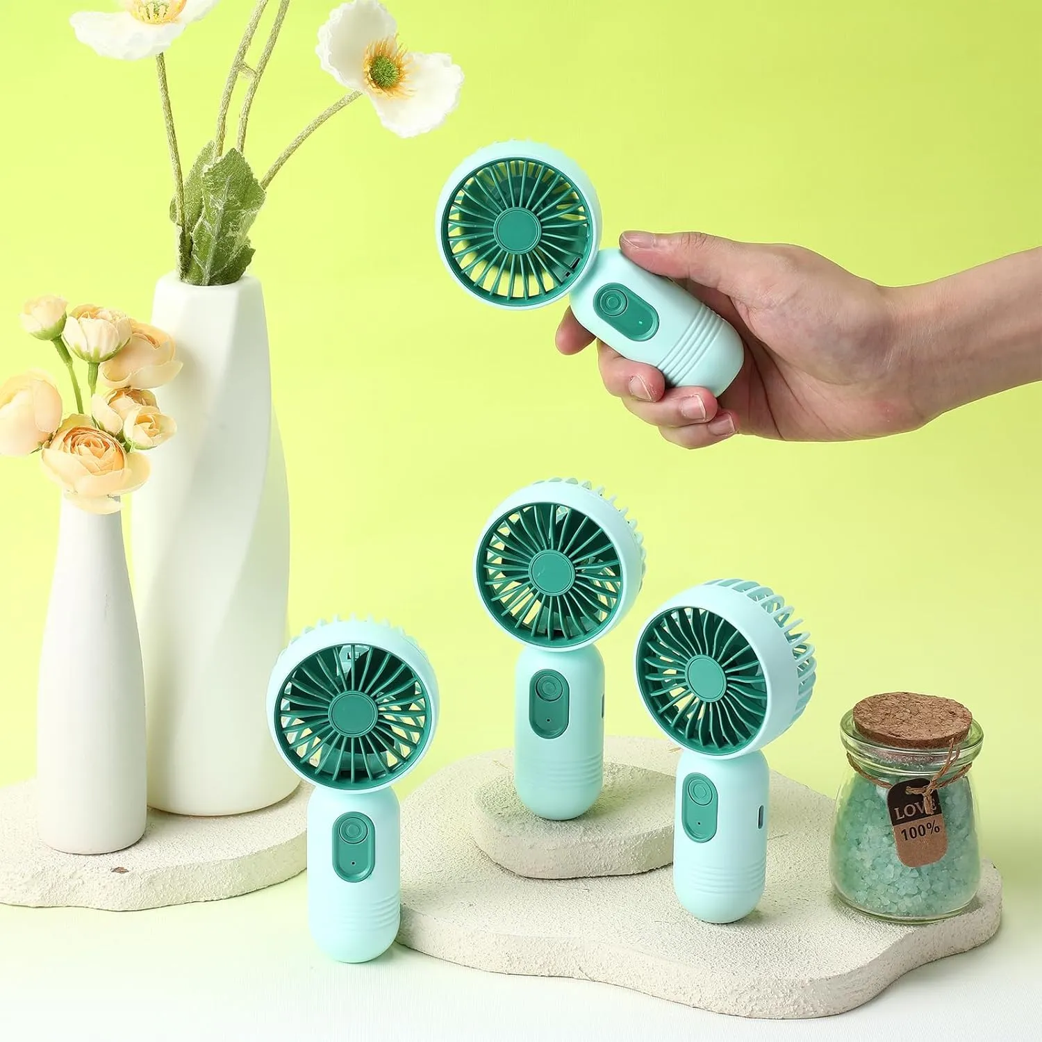 Mini Portable Fan Bulk Cute Handheld Lightweight Small Personal Eyelash Fan 3 Speeds USB Rechargeable Battery Operated for Women Men Outdoor Travel Camping(Green,12 Pcs)
