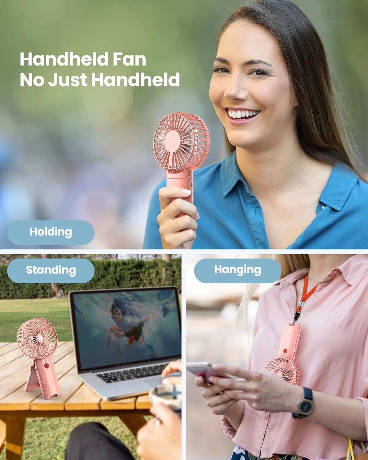 Mini Portable Folding Handheld Fans USB Rechargeable Personal Fan Neck Desktop 4-speed 3-in-1 Silent Handheld small Fan 6-15 hours battery life Suitable for summer travel Camping Outdoor Kids Gift