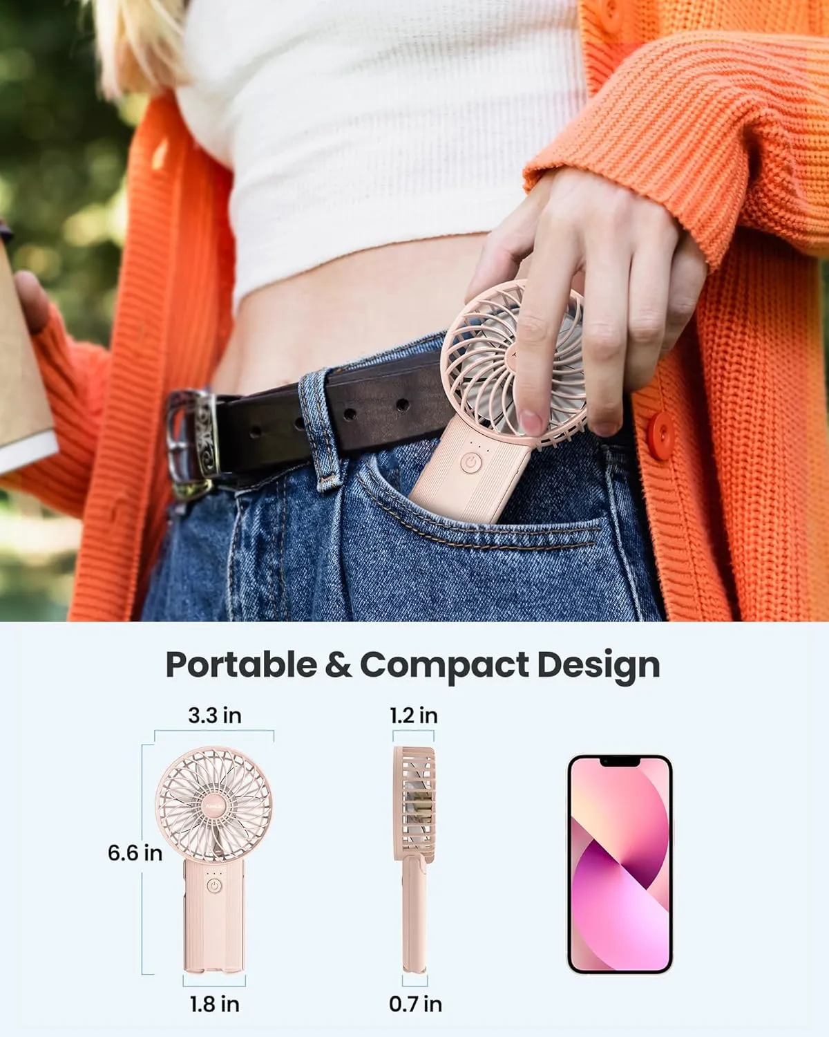 Mini Portable Folding Handheld Fans USB Rechargeable Personal Fan Neck Desktop 4-speed 3-in-1 Silent Handheld small Fan 6-15 hours battery life Suitable for summer travel Camping Outdoor Kids Gift